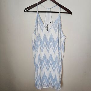 Three Eighty Two Dress Tanner Slip White Blue Chevron Dot Print Mini Cocktail
